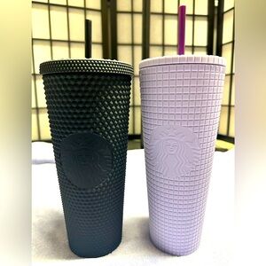 Starbucks matte lavender grid and matte black studded tumbler for cold drinks.